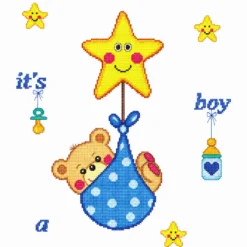 Κέντημα σταυροβελονιάς “It’s a Boy” με αρκουδάκι, αστεράκι, πιπίλα και μπιμπερό για βρεφικό κουβερτάκι αγοριού