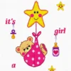 Κέντημα σταυροβελονιάς “It’s a Girl” με αρκουδάκι, αστεράκι, πιπίλα και μπιμπερό για βρεφικό κουβερτάκι κοριτσιού