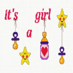 Κέντημα σταυροβελονιάς “It’s a Girl” με μπιμπερό, πιπίλες και αστεράκια για βρεφικό μαξιλάρι κοριτσιού