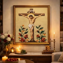 Κέντημα σταμπωτό ο Εσταυρωμένος σε χρυσό κάδρο τοποθετημένο σε σαλόνι με διακοσμητικά κεριά