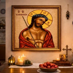 Κέντημα σταμπωτό ο Νυμφίος σε χρυσό κάδρο τοποθετημένο σε ζεστό οικιακό περιβάλλον