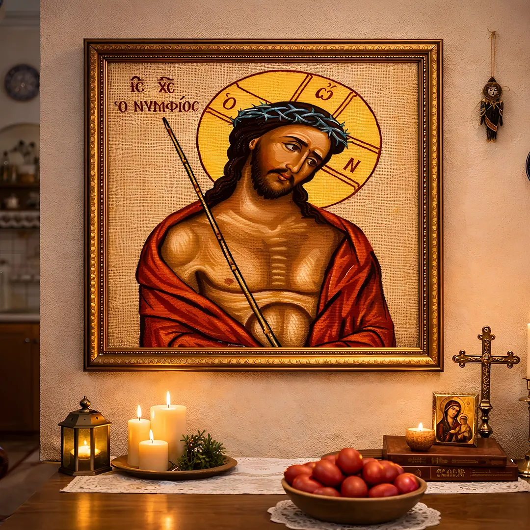 Κέντημα σταμπωτό ο Νυμφίος σε χρυσό κάδρο τοποθετημένο σε ζεστό οικιακό περιβάλλον