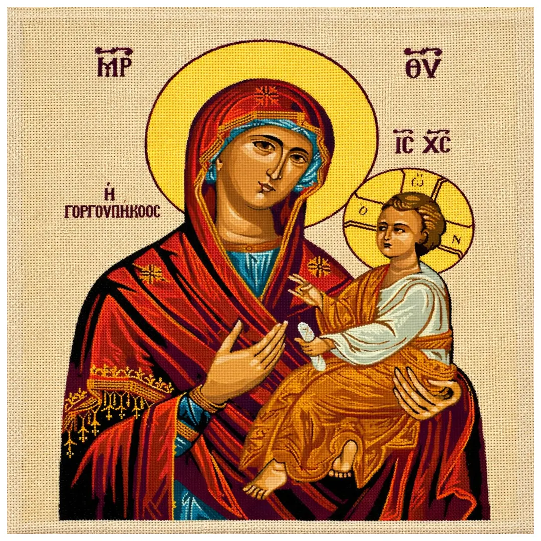 Σταμπωτό Κέντημα Παναγία Γοργοεπήκοος σε Εταμίν Ύφασμα Κνωσσός Μπεζ με Χρυσό Lurex