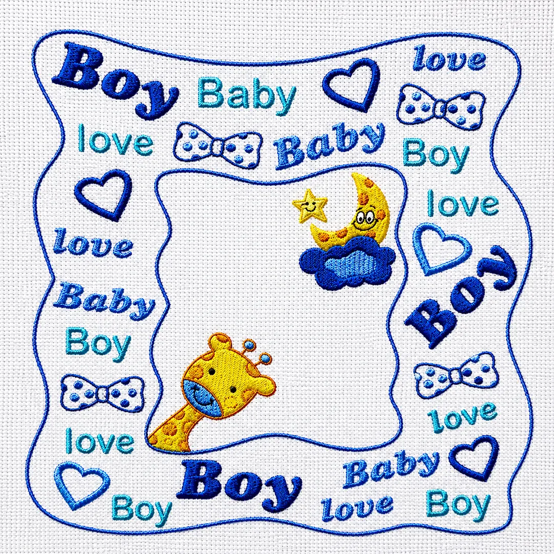 Κουβερτάκι για κέντημα με σχέδιο “Boy Baby Love”, καμηλοπάρδαλη, καρδιές και φιογκάκια για βρεφικό αγόρι