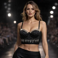 Μαύρο γυναικείο μπούστο με ασημί χάντρες, εφαρμοστό σχέδιο με τιράντες, σε πασαρέλα μόδας