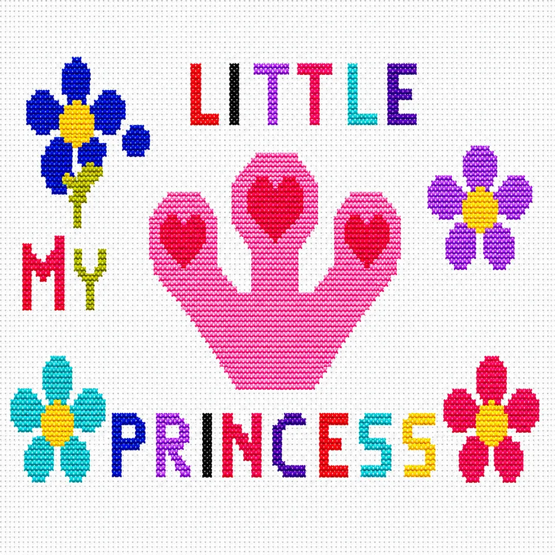 Κέντημα σταυροβελονιάς “My Little Princess” με ροζ κορώνα και λουλούδια για παιδικό μαξιλάρι κοριτσιού