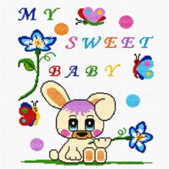 Κέντημα σταυροβελονιάς “My Sweet Baby” με λαγουδάκι, λουλούδια και πεταλούδες για βρεφική κουβέρτα μωρού